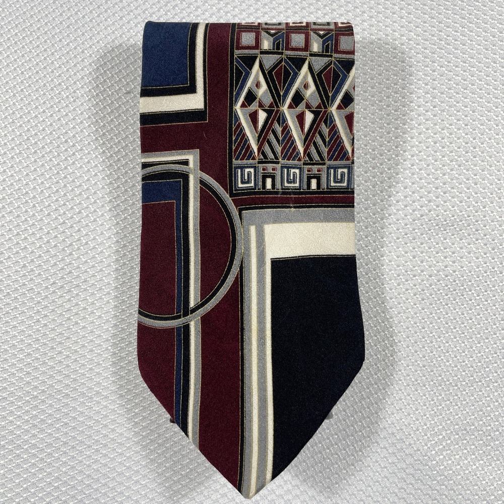 Henry Grethel Mens 100% Italian Silk Art Deco Necktie Burgundy Navy Tie VTG